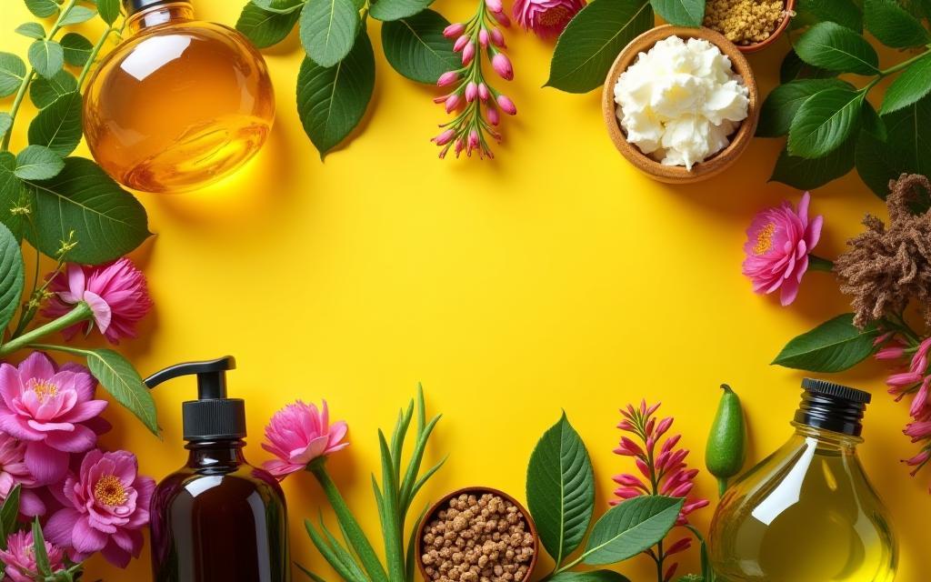 Close-up of vibrant natural ingredients like herbs, flowers, and oils, suggesting pure handcrafted cosmetics.